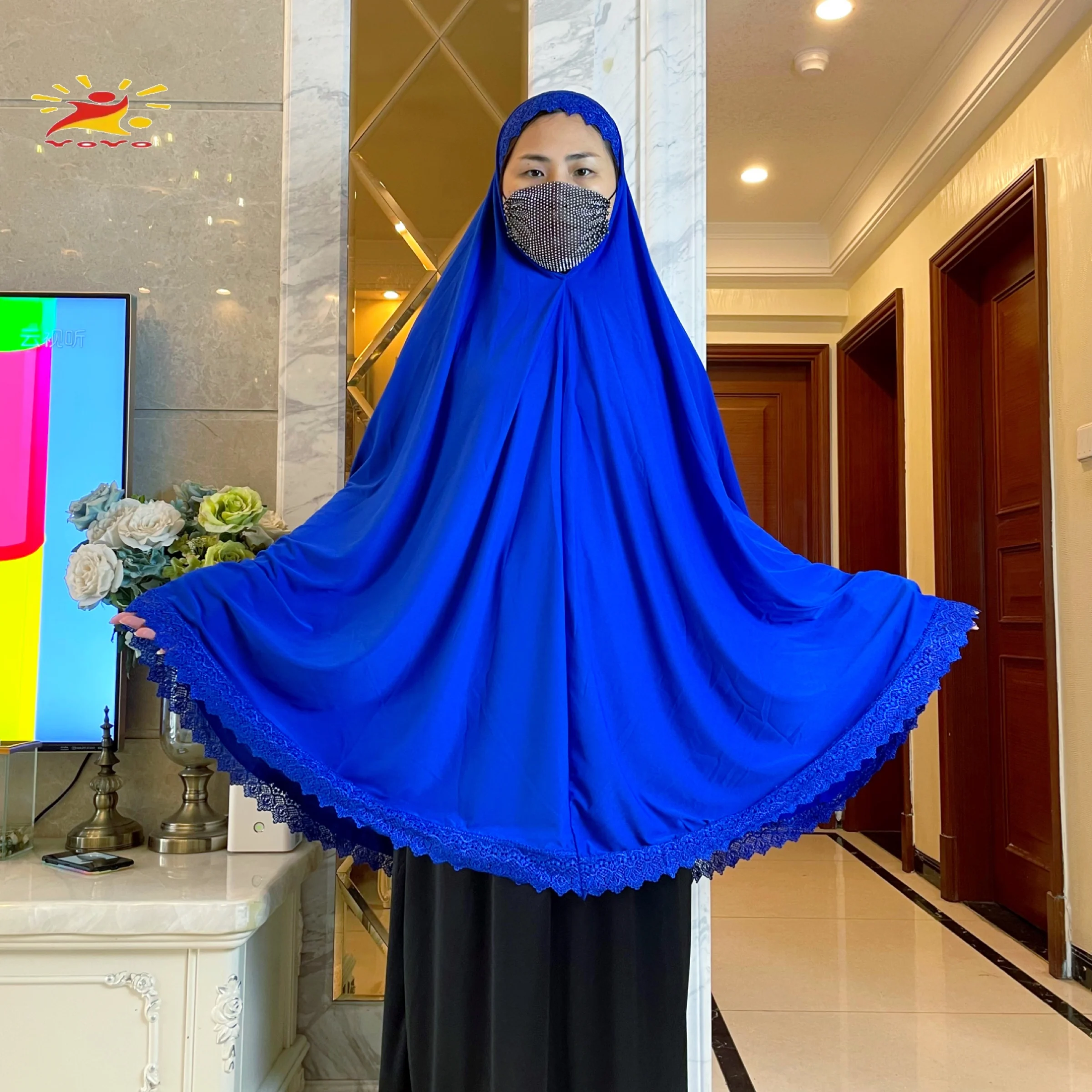 2022Women Muslim Prayer Long Khimar Lace Trim Islamic Veils Headcover Dubai Saudis Turkey Arabic Clothing Hijab Headdress