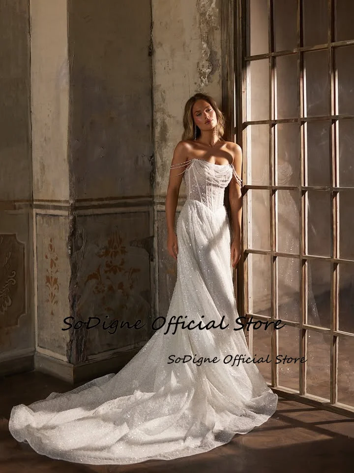 SoDigne A-line Beading Wedding Dresses Sleeveless Pearls Bridal Dress Bohemian Long Wedding Gown Robe De Mairee Customized