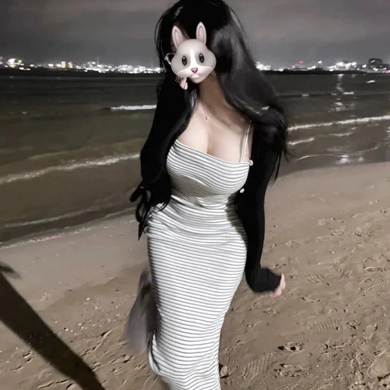 Sexy Striped Wrap Dress Women\'s Halter Gown Show Figure High Waist Long Skirt Korean Style Commute Summer Fashion Dress
