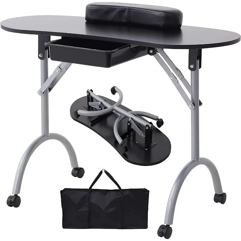 Manicure Nail Table, Portable  Nail Desk Workstation with Large Drawer/Client Wrist Pad/Lockable Rolling Wheels/Carrying Case