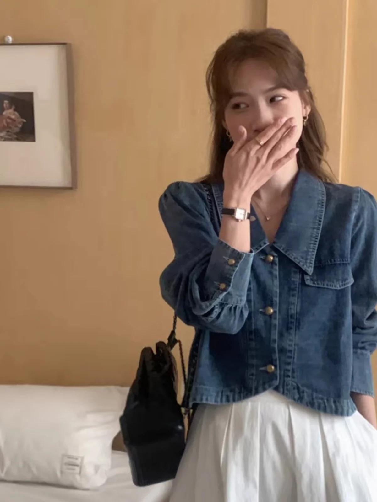 Retro Długi Sweter Jeansowy Damski Sensacja Stylu Elegancki Kołnierzyk Lalki Bufiaste Rękawy Sweter Top Koreański Luźny Krój