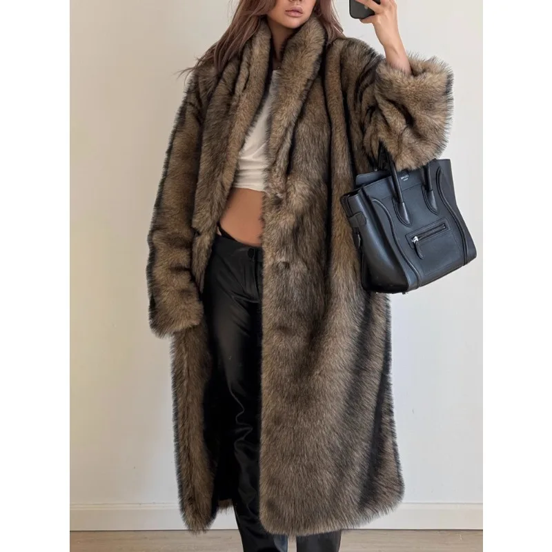 Luxury Women's Clothing Winter Long Fur Coats New Faux Wolf Fur Suit Collars Overcoats Windproof Warm Loose Windbreakers