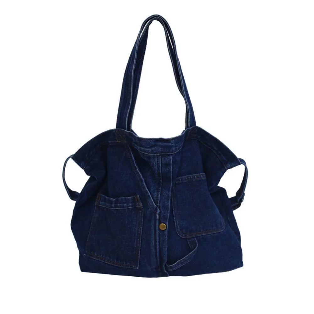 Practical Denim Cloth Casual Handbag Square Shape Blue Shoulder Bag Zipper Shopping Bag Unisex
