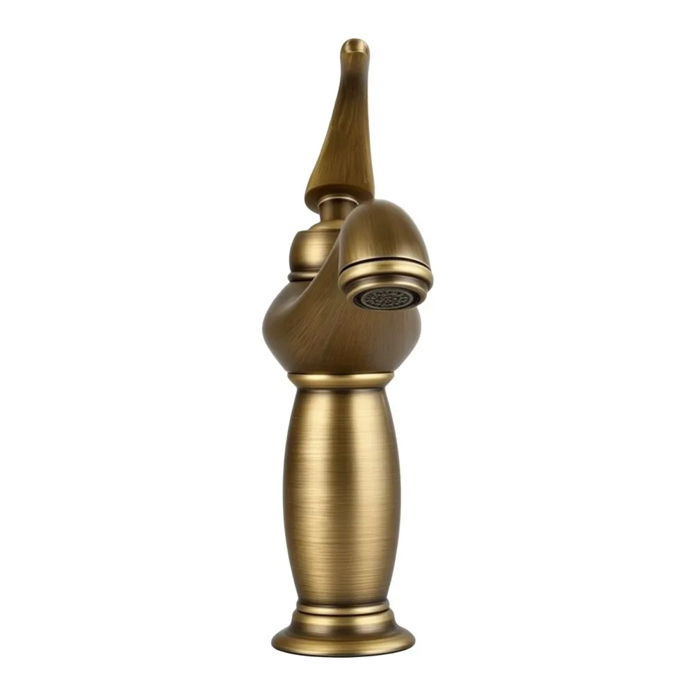 Antique Brass Finished Basin Faucet Single Hole Mount Compact Design for Vessel Sink Hot Cold Water Connection