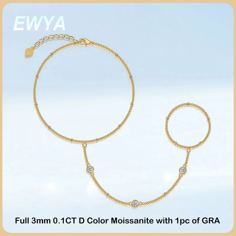 EWYA Round Bezel Full 0.1CT 3mm D Color Moissanite Diamond Link Bracelet for Women 925 Silver Adjustable 17-22cm Finger Chain