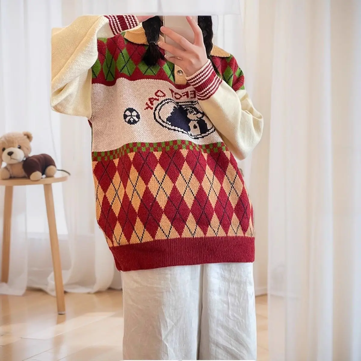 Polo Collar Pullovers Cartoon Jacquard Weave Knitted Sweater Korean Winter Women High Quality Loose Cute Knitwear Jumpers Teens