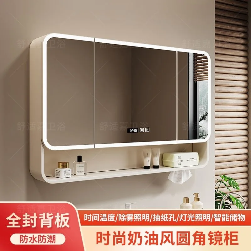 Arc bathroom mirror cabinet, bathroom mirror storage integrated cabinet, wall-mounted smart vanity mirror locker with light
