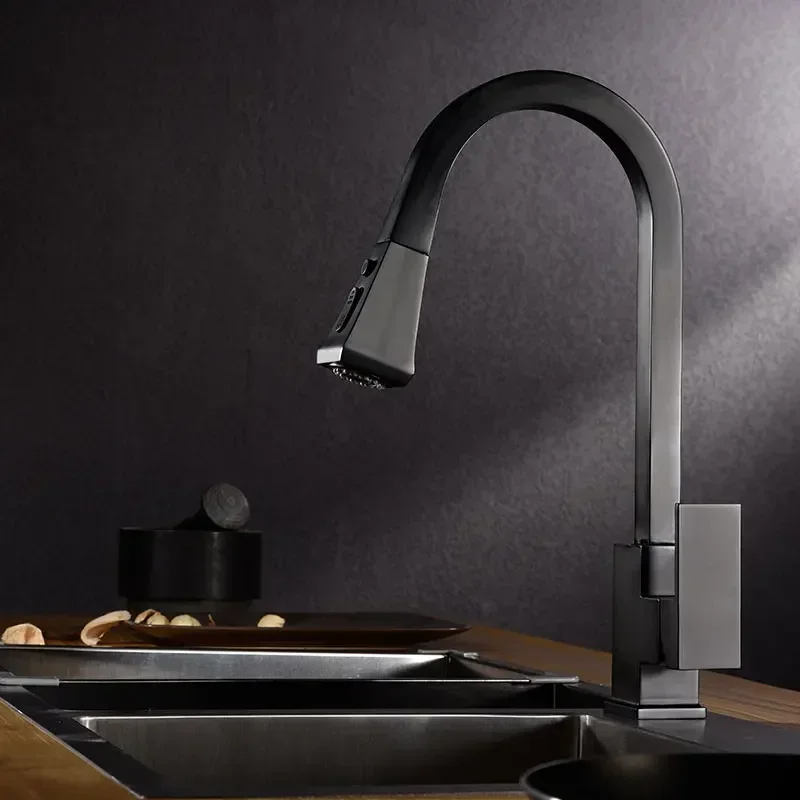 

Modern Brush Black Brass Single Lever Retractable Bathroom and Kitchen Faucet