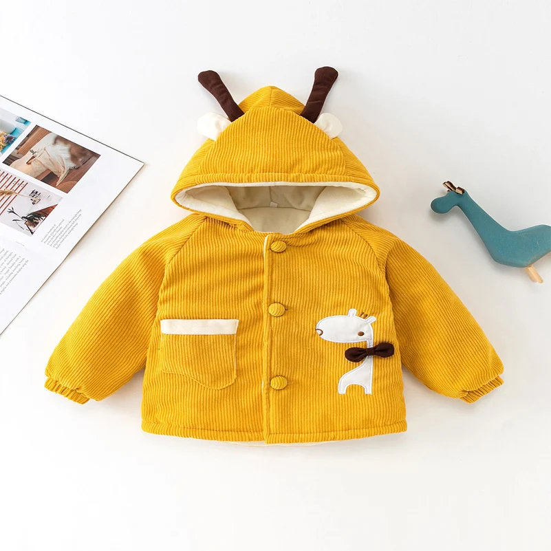 Autumn and Winter 2024 Boys' Cartoon Embroidered Giraffe Casual Deer Antlers Single breasted Cotton Clothes, 2-6 Years Old