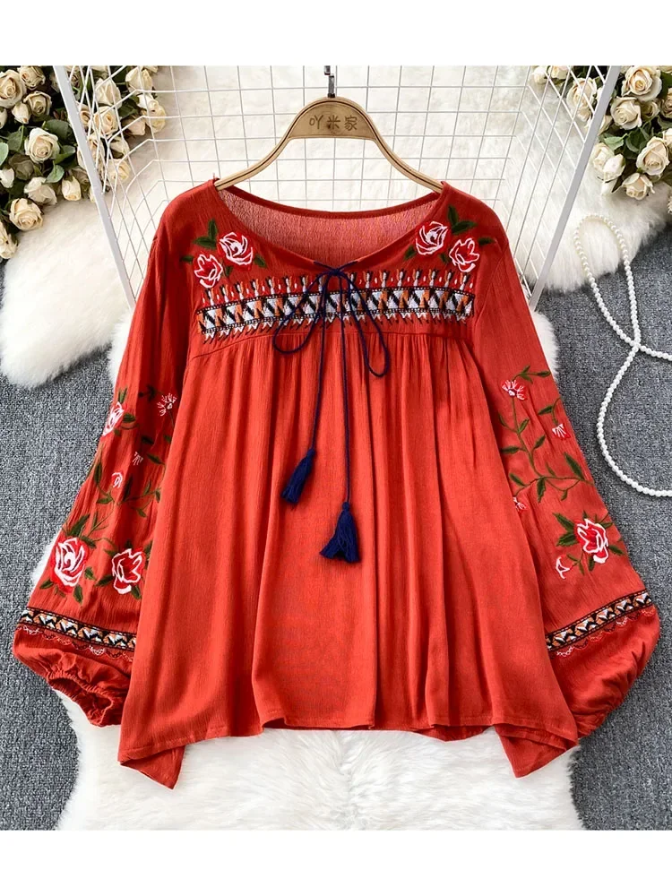 Women Spring Autumn Blouse Bohemian Vintage Lantern Long Sleeve Round Neck Embroidered Loose Pullover Shirt Casual Top D5081