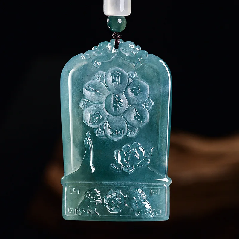 Blue Water Jade Pendant A-Grade Natural Old Stock with Void Storage Zodiac Bull & Tiger Guardian Deity Bodhisattva Charm Jewelry