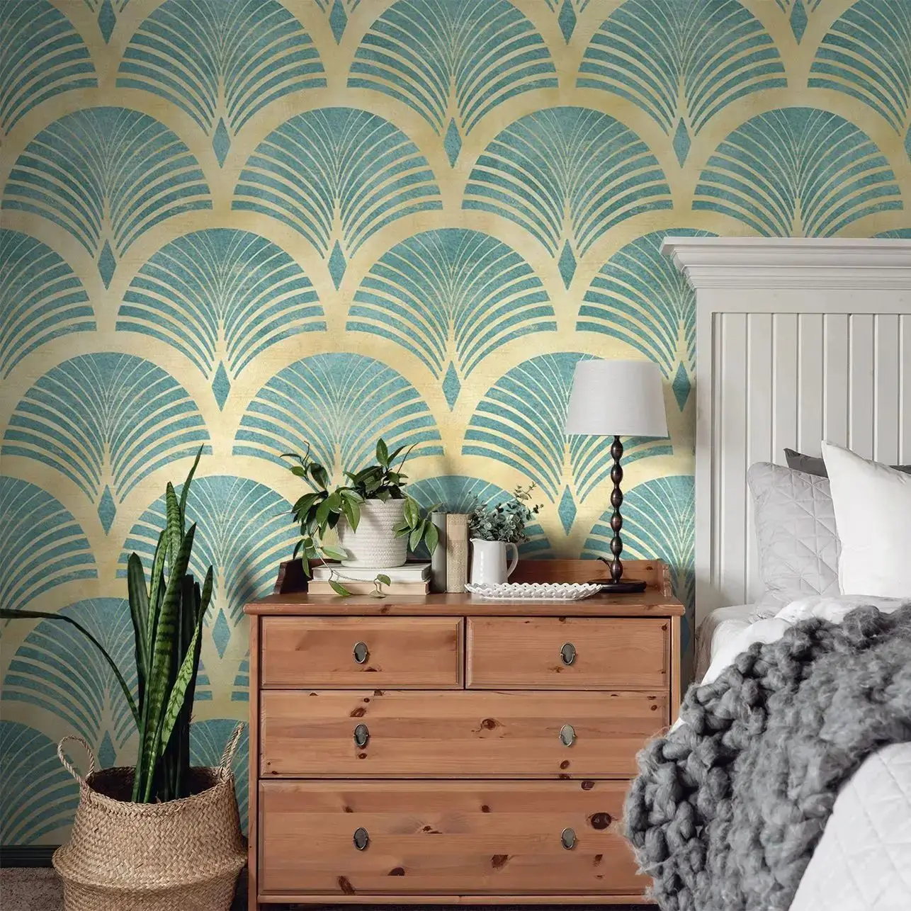 Green Art Deco Self Adhesive Wallpaper, Peel and Stick Or Traditional Geometric Wall Paper For Bedroom Decoration,Customize Size