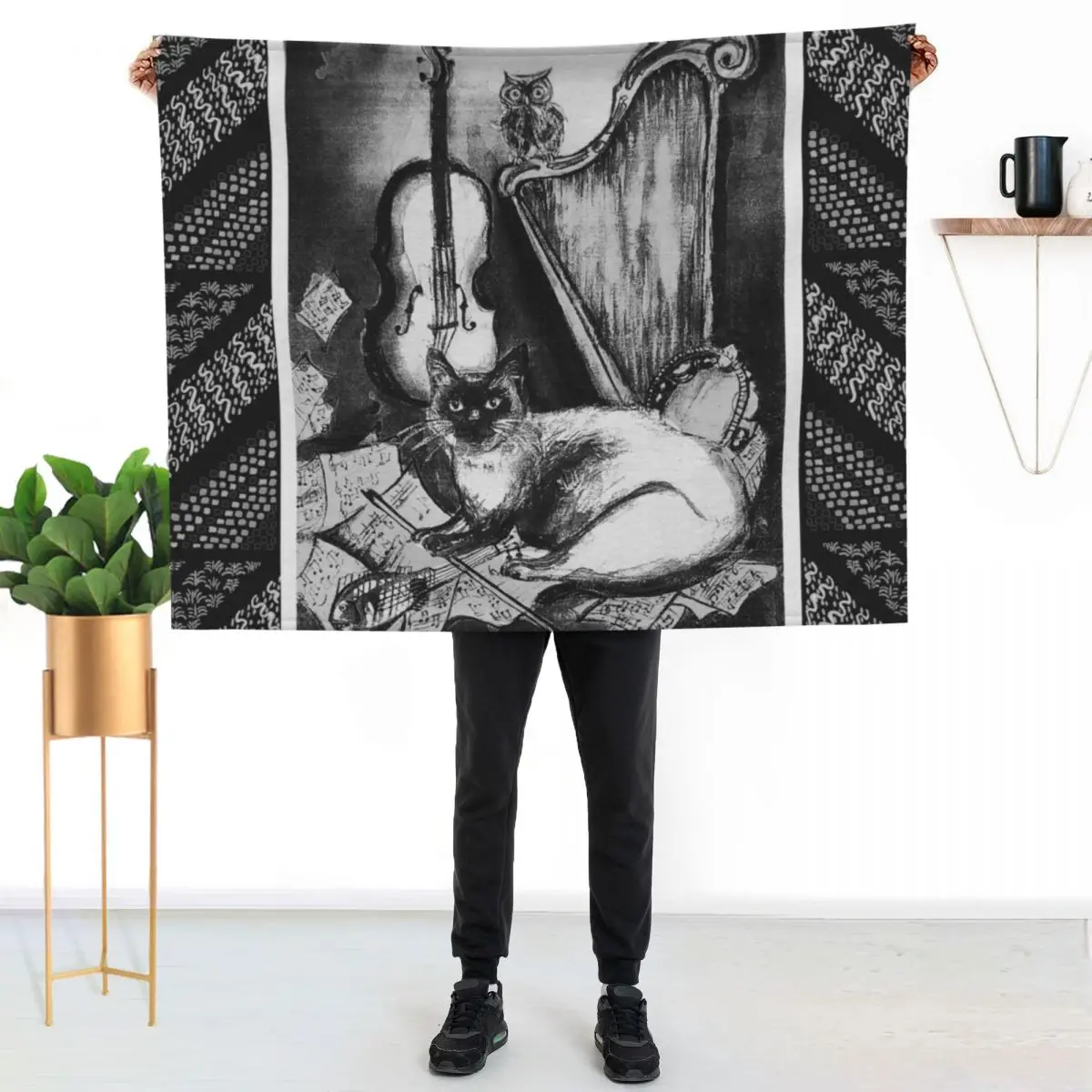 MUSICAL CAT AND OWL WITH MUSIC INSTRUMENTS Black and White Throw Blanket Thermals For Travel Fashion Sofas Soft anime Blankets