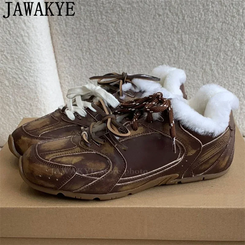 2024 New Winter Wool Fur Warm Flat Sneakers Women Shoes for Winter Casual Flat Walk Shoes Luxury Fur Loafer Leather Shoes