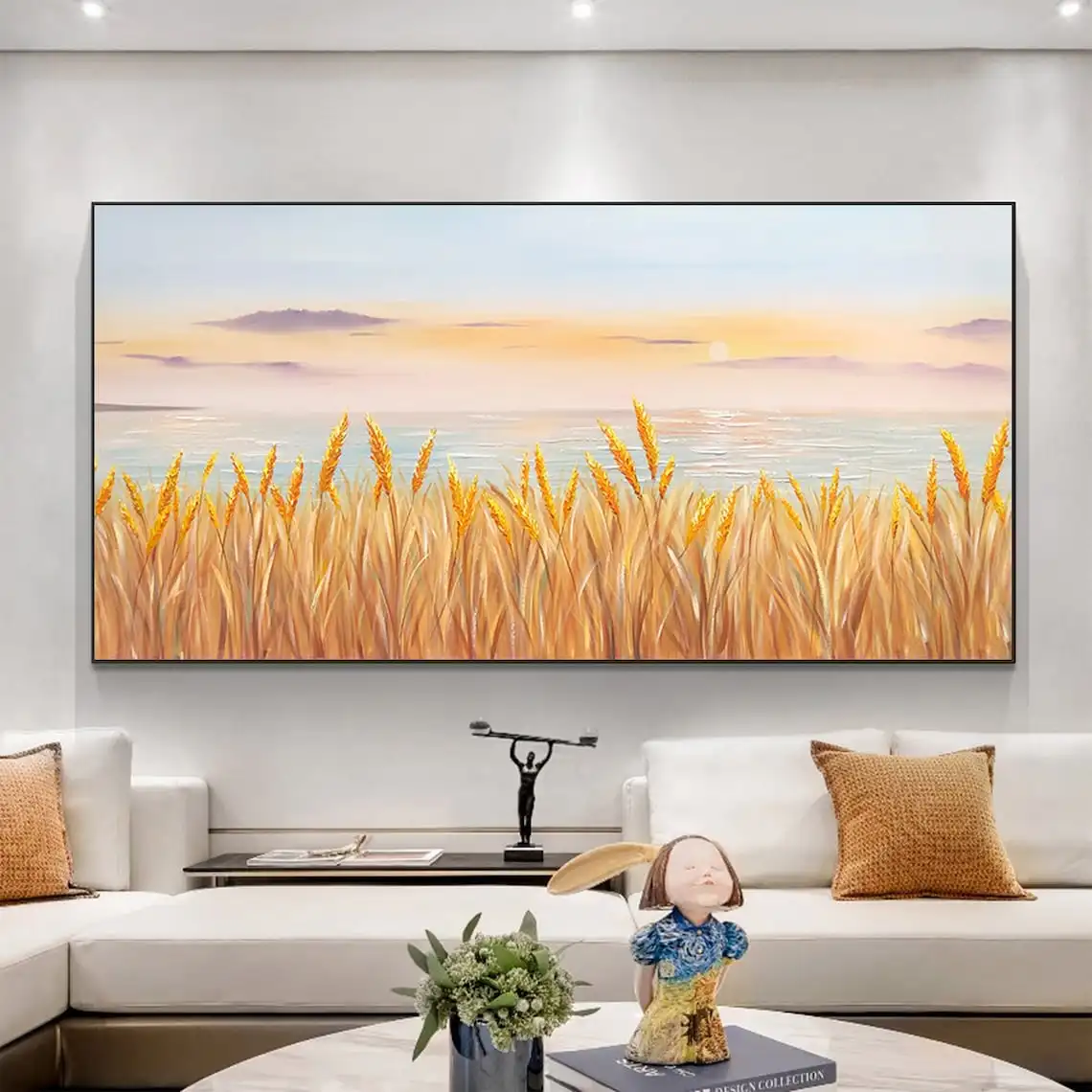 

Abstract Sunset Seascape Oil Painting on Canvas Large Wall Art Original Landscape Painting Rice Ears Home Decor Living Room Art