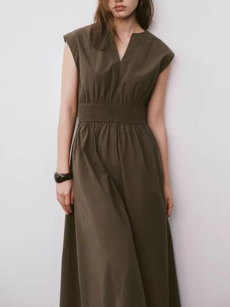 Letnia kolekcja 2025: Nowa moda damska, wyszczuplająca spódnica midi z wysokim stanem, prostym dekoltem w serek, elegancka, do pracy, w jednolitym kolorze.