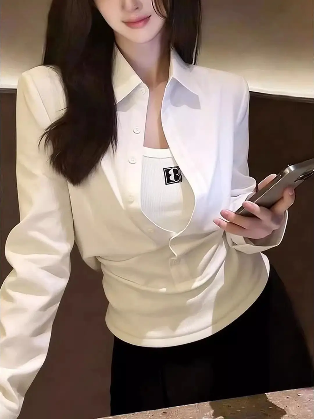 

Fashionable White Shirt Women's Spring New Style Commute Versatile Long Sleeve Collar Fake Two-Piece Shirt Elegant Top
