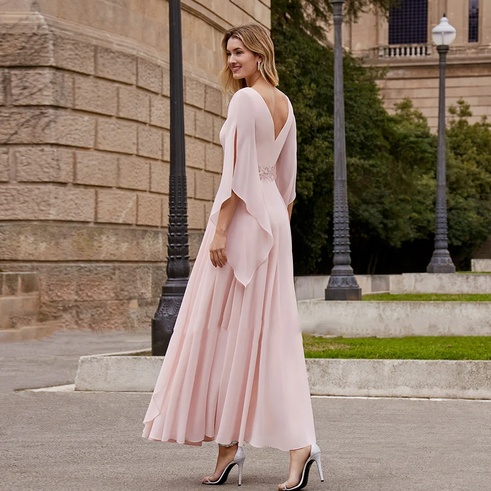 Robe de mariée en mousseline de soie rose, robe d'invité de mariage, appliques de manches 2023, longueur de rinçage, dernière charmante mère, quelle que soit la mariée, 3/4