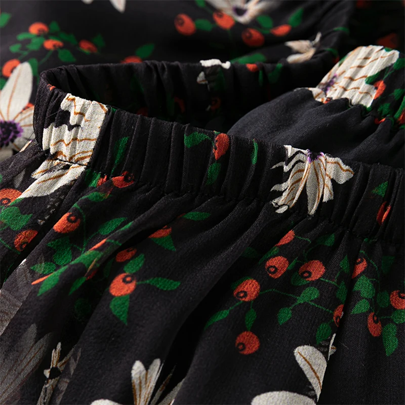 Gonna di seta da donna 100% seta di gelso Gonna lunga stampata floreale nera con fodera in seta Summer Beach Orlo grande Lavoro d'ufficio M1340