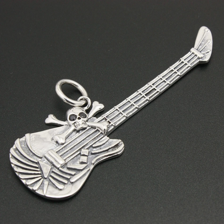 

925 Sterling Silver Guitar Metal Rock Skull Pendant Punk Jewelry 8B022