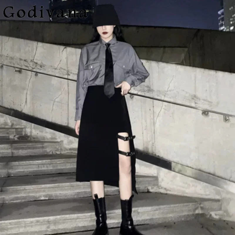 

Summer Large Size High Waist Irregular A-line Sexy Korean Split Skirt Women Versatile Fashion Chic Japanese Black Long Skirts