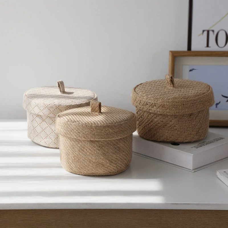 Wicker Seagrass Flower Pot Boxes Sundries Storage Baskets with Lids Weaving Snack Storage Box Wardrobe Table Round-ABHG