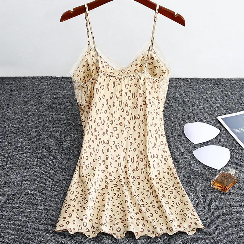 Women Nightgowns Padded Bra Faux Silk Satin Nightdress Female Leopard SleepDress Sleepwear Sleeveless Nightwear Homewear Pajama