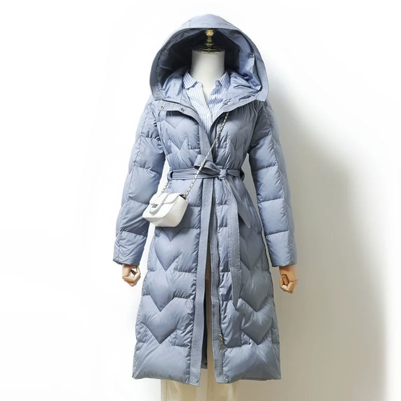 

Down Long Jacket Women Hooded Korean Slim Belt High Quality Duck Down 2023