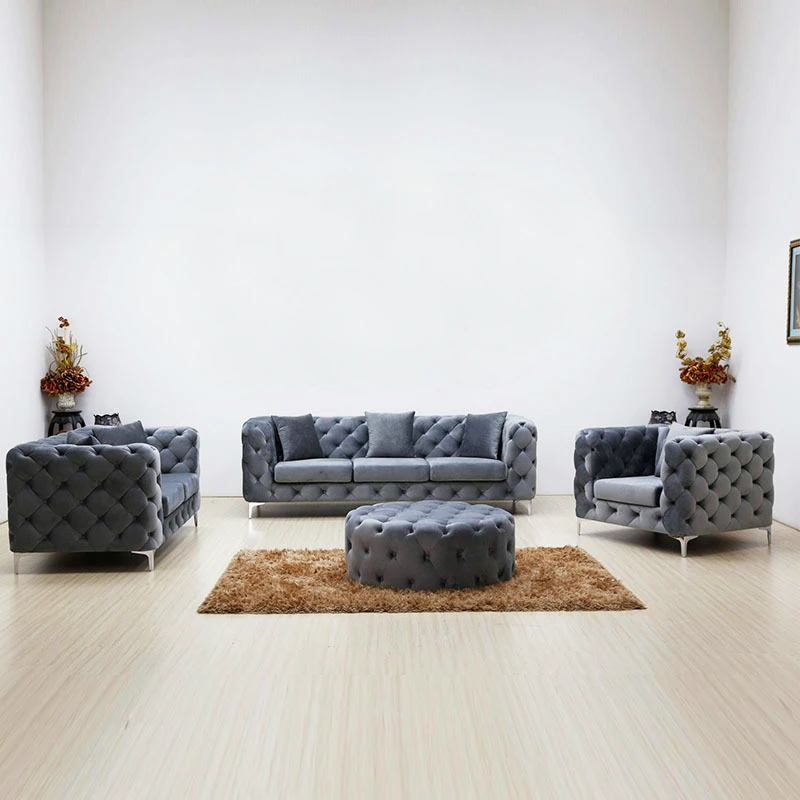 # Muebles de Lujo para el Hogar, Juego de Sofás Chesterfield Tapizados de 3, 2 y 1 Plazas, Juego de Sofá y Sillón de Terciopelo Gris