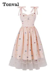 Tonval Sweetheart Neck Strawberry Mesh Long Dresses for Women Knot Strap High Waist Vintage Midi Pleated Party Sequin Dress