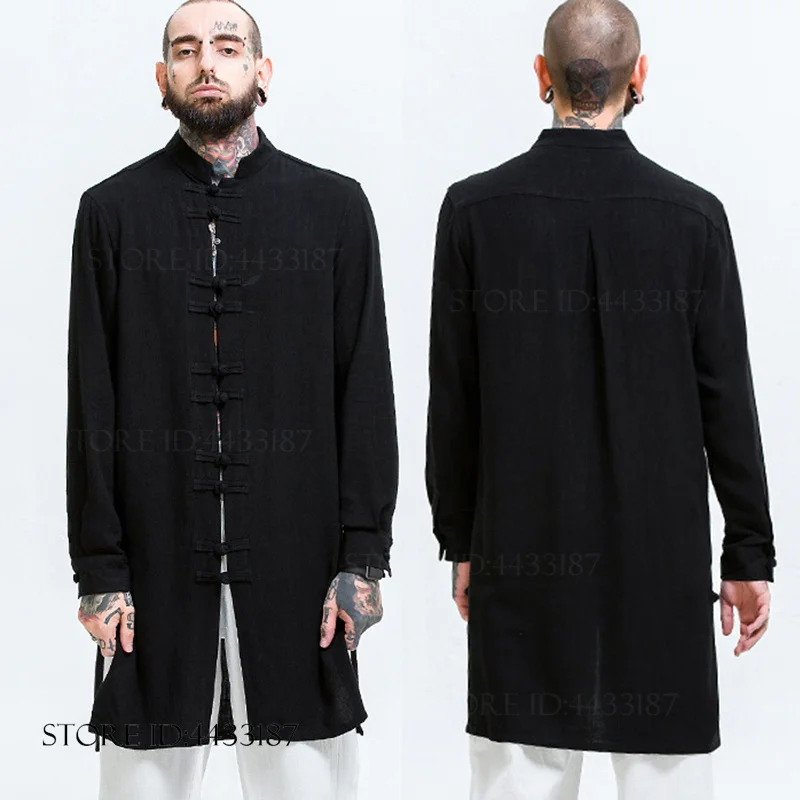 

Traditional Chinese Tang Style Jacket Loose Linen Mens Long Sleeve Tops Coat Vintage Classic Mandarin Collar Kong Fu Shirt