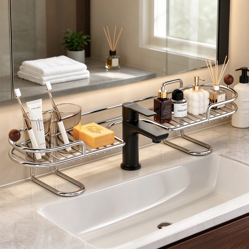 Stainless Steel Faucet Storage Shelf No Drill Standing Sink Organizer Heavy Duty Moisture Resistant Bathroom Counter 수전 선반