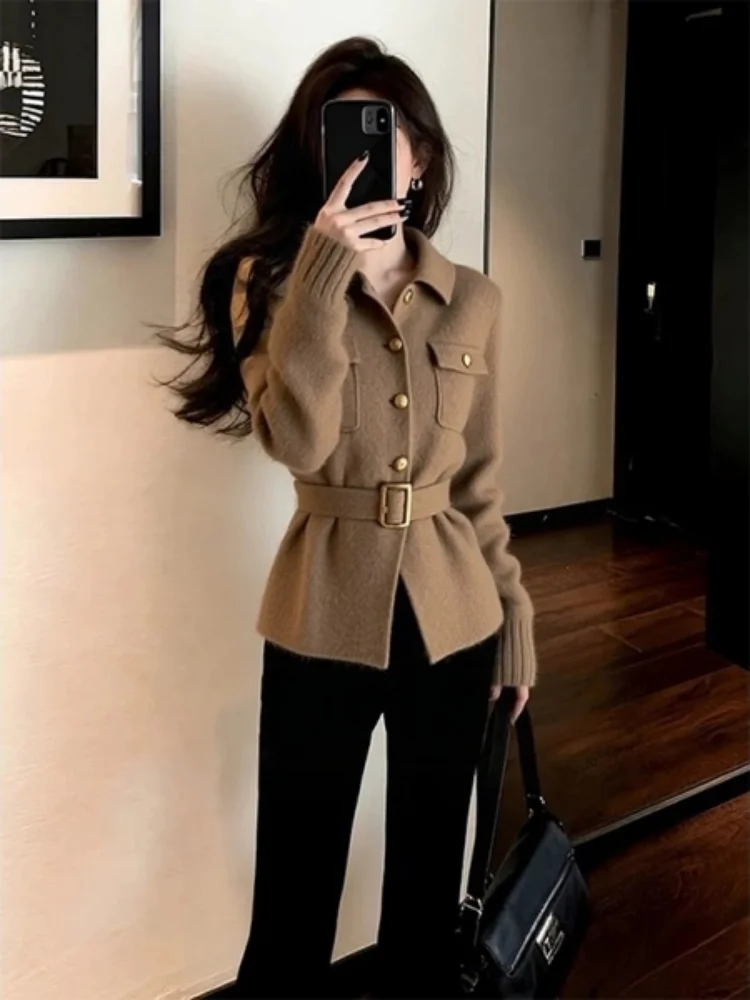 

Korean Sle Lazy High-End Feelings Vintage Coffee Collar Knitted Sweater Women's Autumn Winter Inner And Outer Wear Waist-Ci...