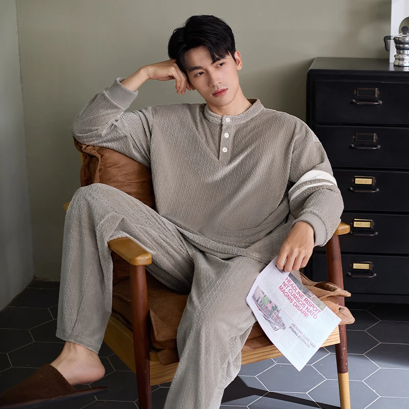 Autumn Winter Men Island Fleece Pajama Set O-Neck Pullover Pajamas Sleepwear Keep Warm Flannel Pyjamas Male Home Clothing L-XXXL
