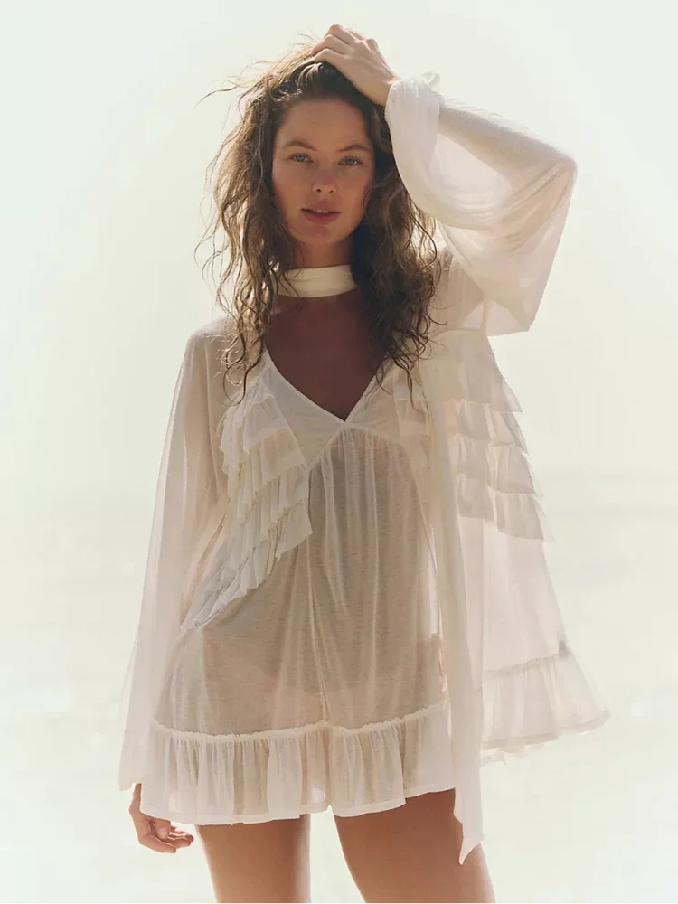 

Lady See Through Chiffon Coverall Sexy Chic V-neck Scarf Collar Full Sleeve Ruffle Loose Blouse 2026 Women Vacation Beach Shirt