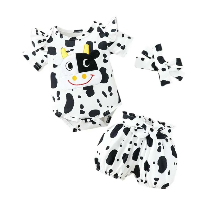 

Summer Baby Clothes Cartoon Cow Embroider Short Sleeve Bodysuit Short Pants Hairband 3Pcs Set Baby Boy Girls Costume 0-18 Months