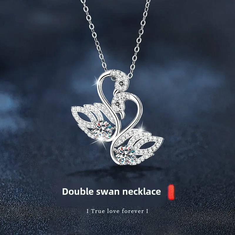 Light luxury 925 sterling silver double swan moissanite necklace for women, anniversary valentine's day gift