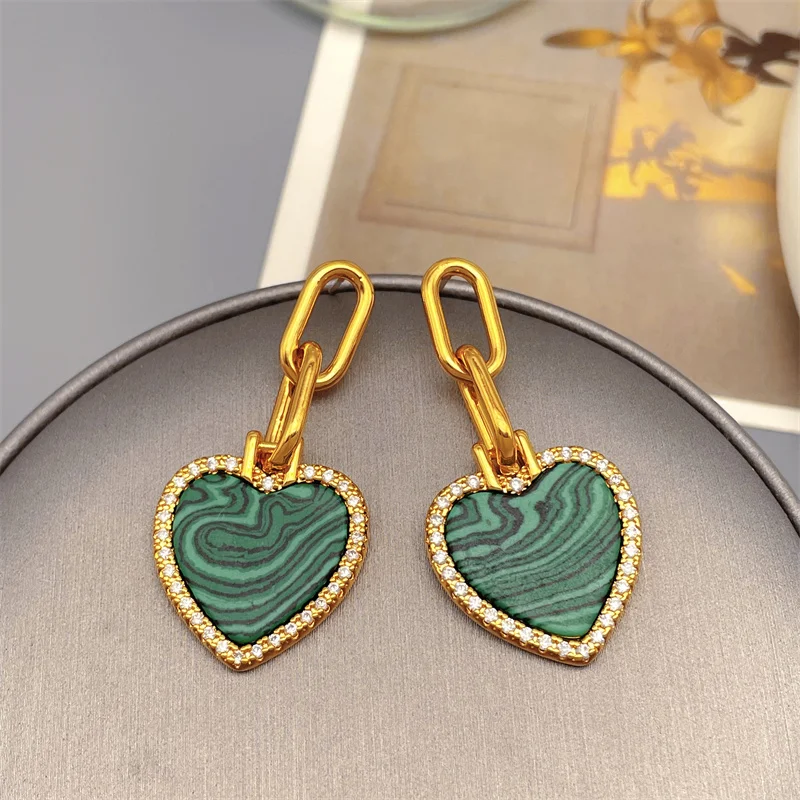 European And American Retro Heart Shape Inlaid Green Malachite Zircon Drop Earrings For Women Luxury Fashion Earrings Jewelry