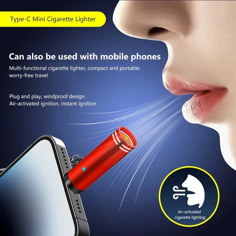 Mini Type C Mobile Phone Cigarette Lighter Air Blowing Cigarette Lighter Outdoor Safety USB C Lighter Adapter Car Accessories