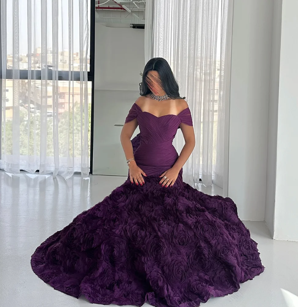 Vestido de noche morado Sexy, vestido de fiesta de sirena con hombros descubiertos, con cordones/cierre en la espalda, vestido de fiesta de flores hecho a mano de alta calidad