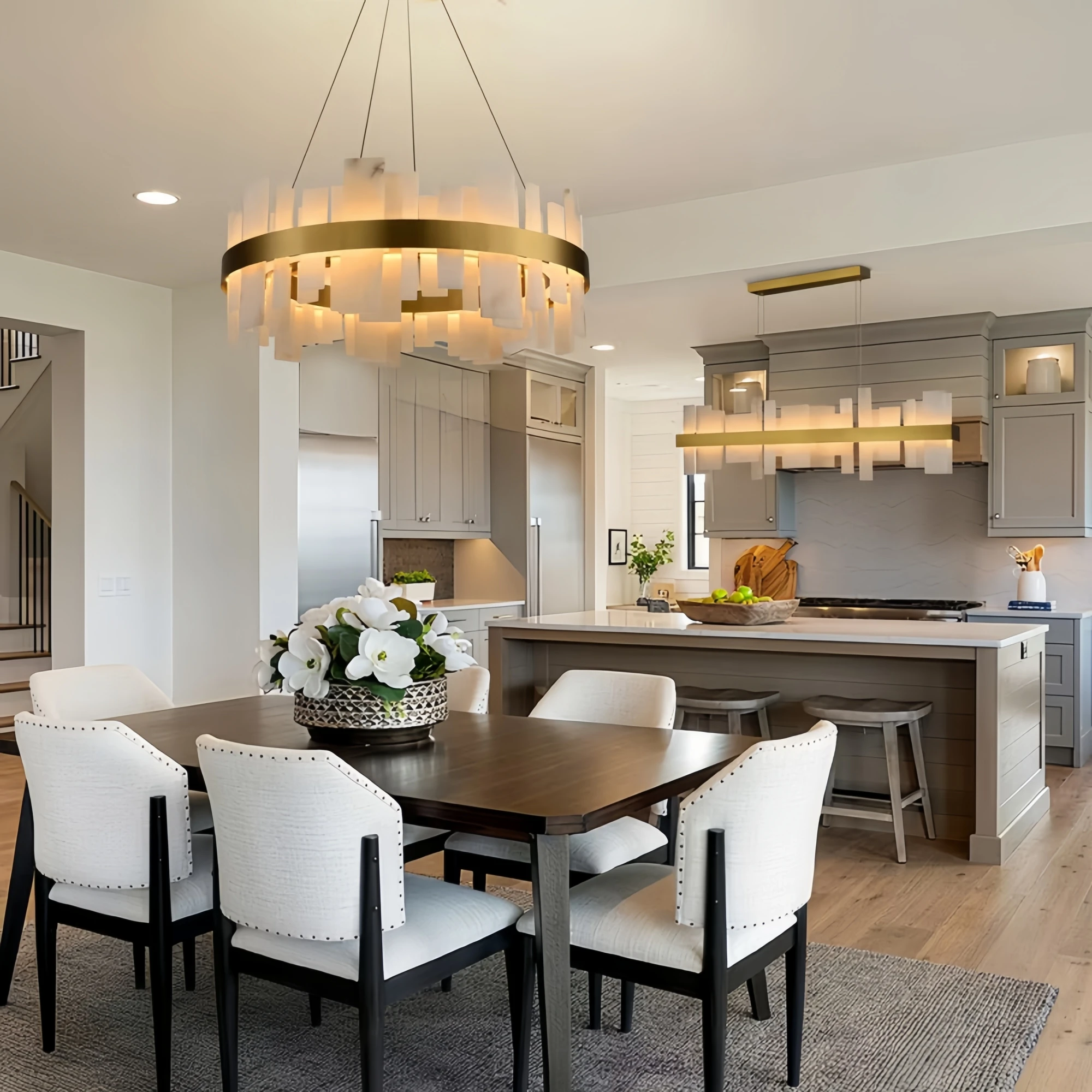 Modern Alabaster Round Chandelier LED Gold Black for Dining Room Bedroom Bar Study Marble Pendant Lighting Fixture