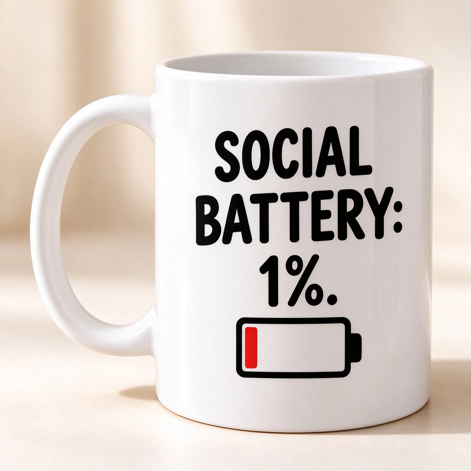 Funny Social Battery 1% Print Ceramic Mug, Introvert Humor Coffee Cup, Novelty Gift for Colleague Introverts
