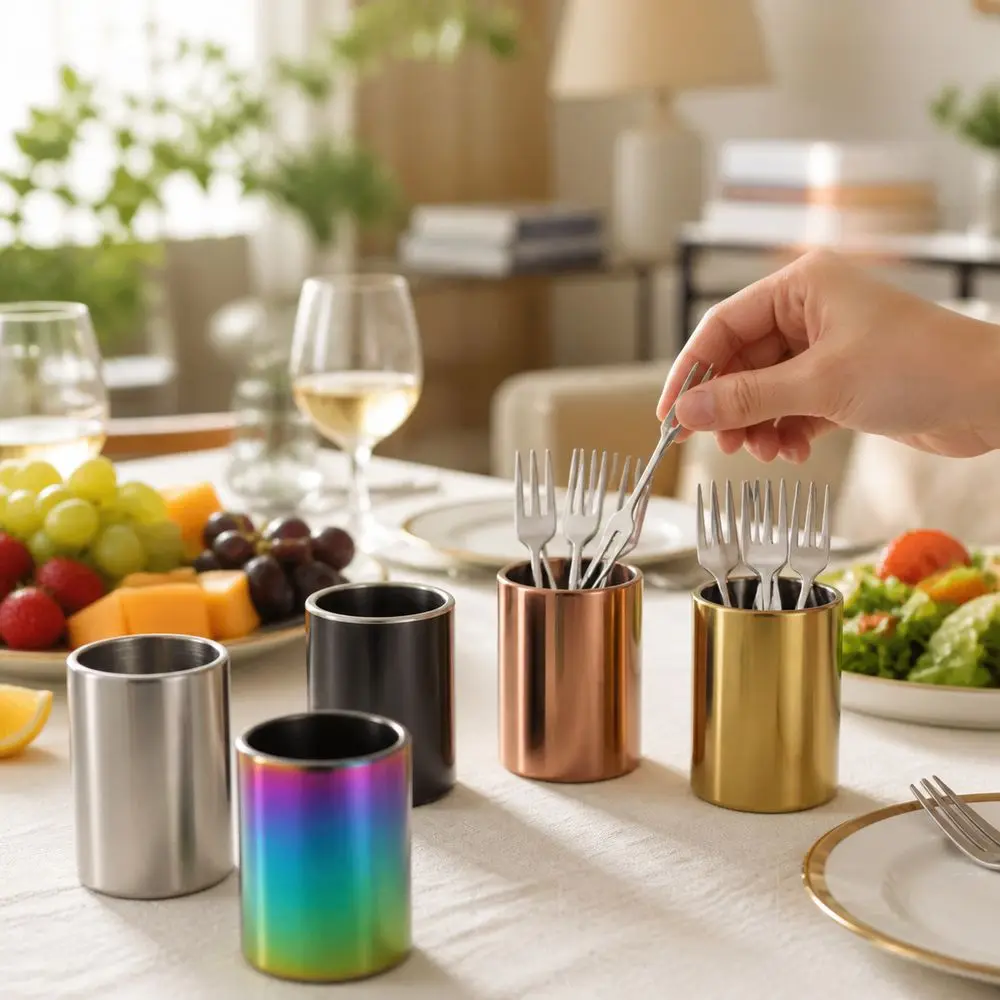 Stainless Steel Fruit Fork Holder Titanium Plated Finish Cylindrical Structure Toothpick Holder Multiple Color Options