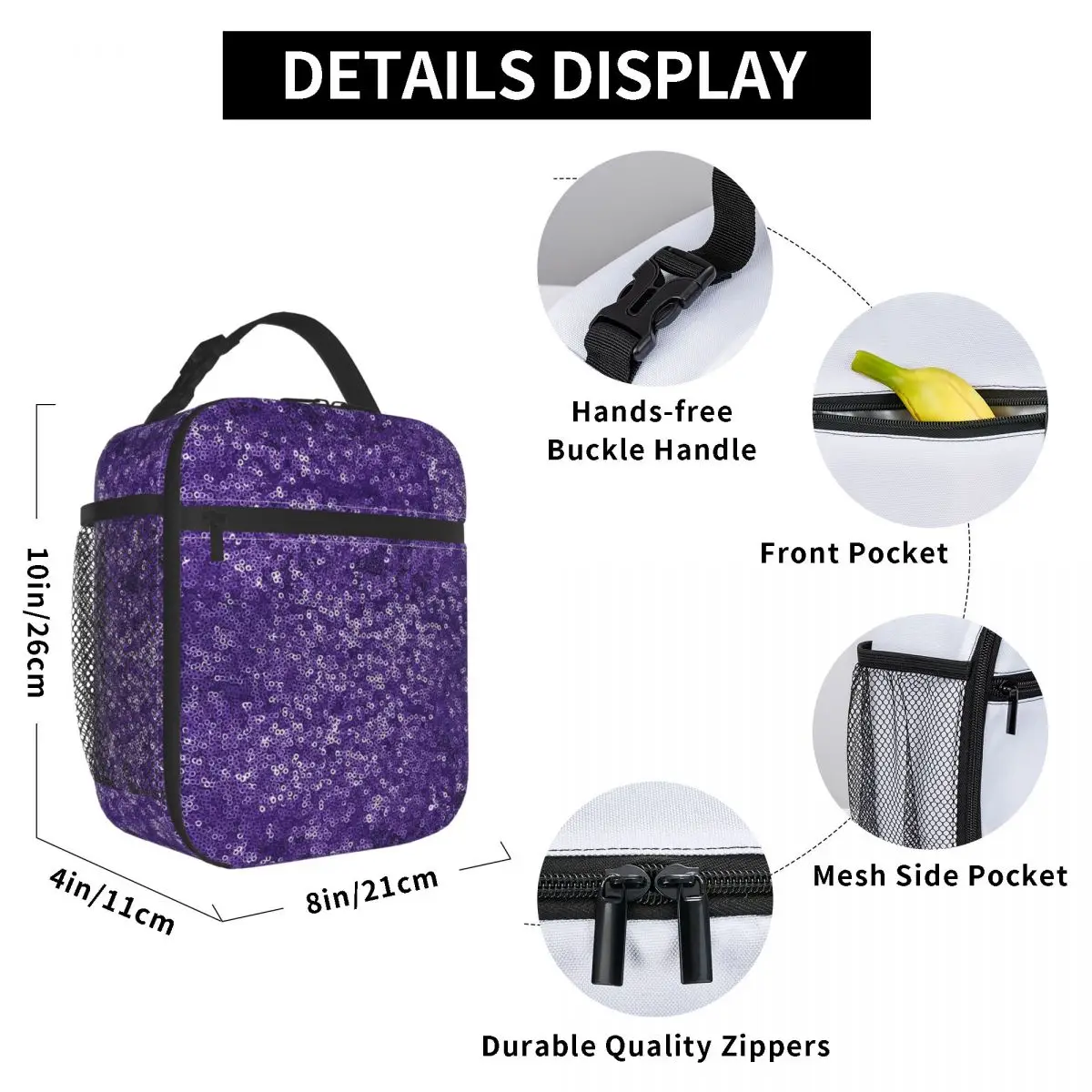 Purple Sequins Insulated Lunch Bag for Kids School Cooler Thermal Food Box Tote Portable Lunch Boxes Container