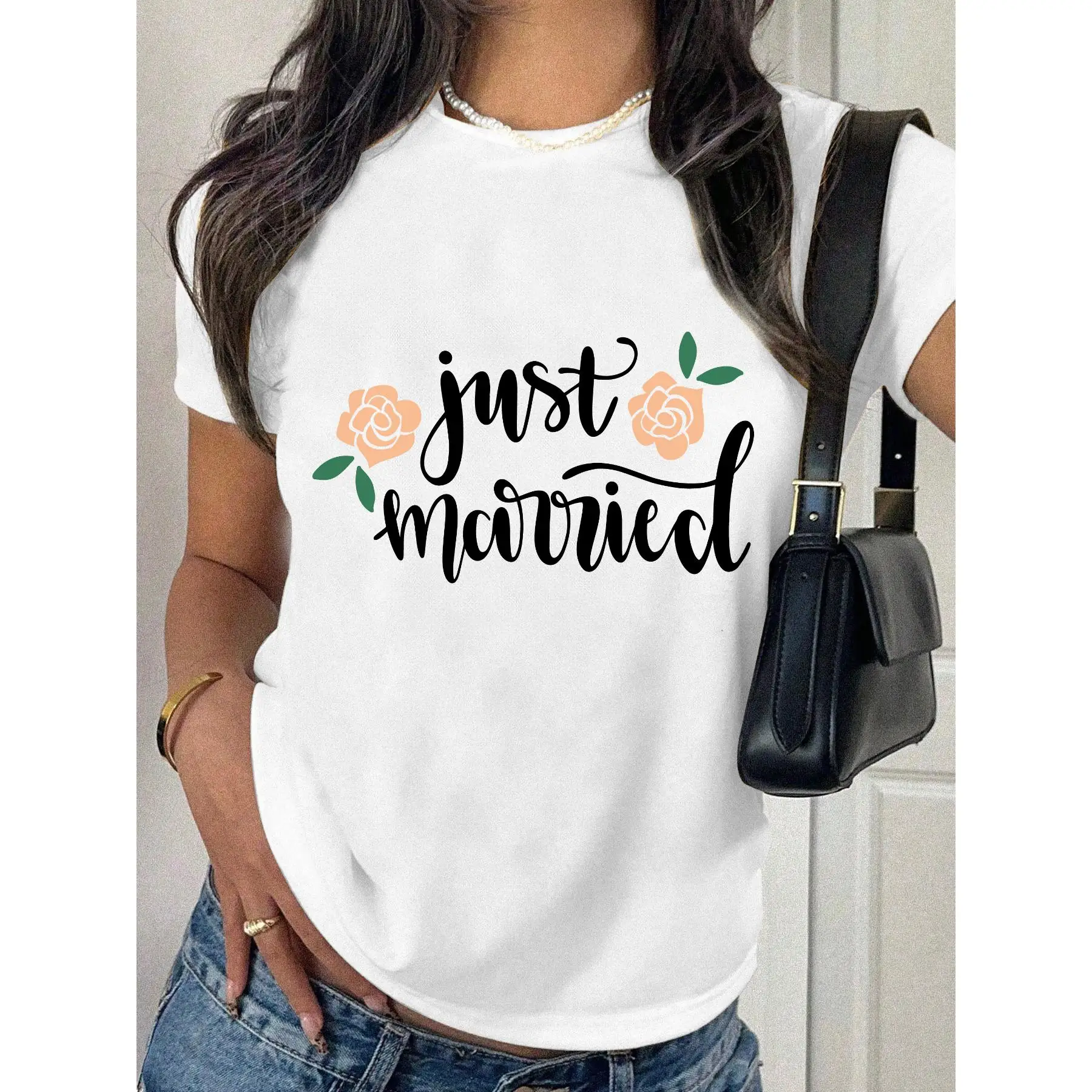 

Just Married T-shirt Floral Wedding Vows Graphic Tee Bride Honeymoon Casual Short Sleeve Top Engagement Gift For Women
