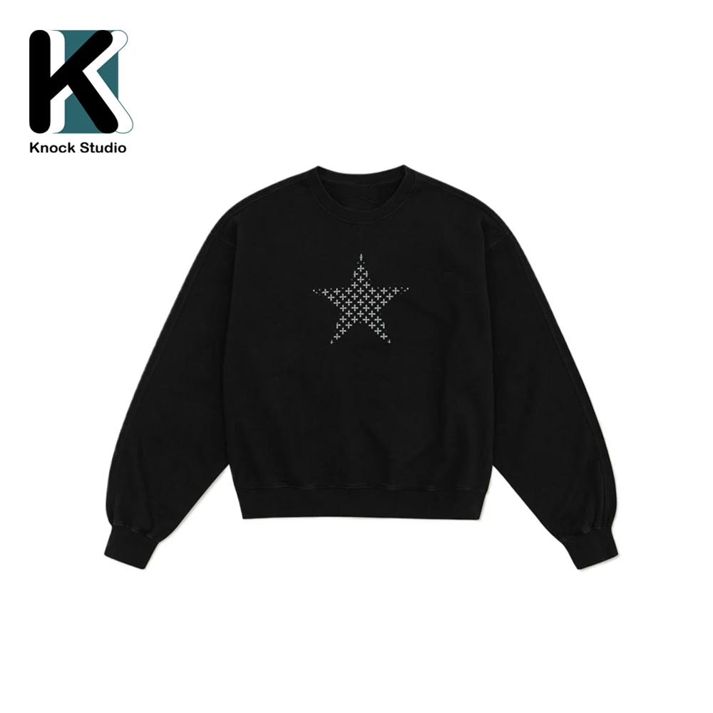 Knock nova moda estilo de rua oversized estrela moletom para mulher clássico preto solto desportivo pulôver feminino