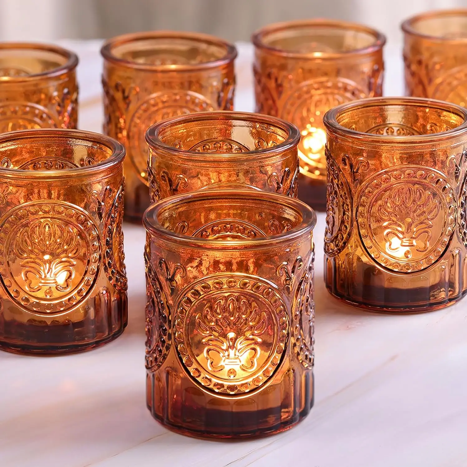 

12 Amber Glass Votive Candle Holders for Table Centerpieces, Fall Christmas Decor
