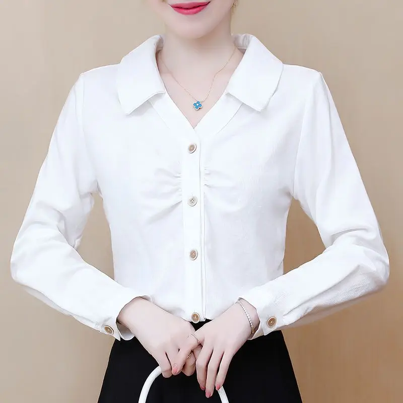 Fashion Office Lady Long Sleeve Button Shirt Elegant Basic Turn-down Collar Folds Solid Color All-match Blouse Women\'s Clothing