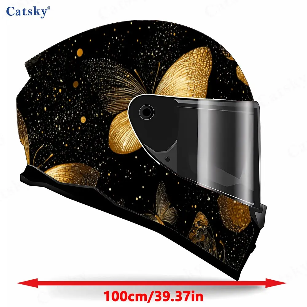 Golden Butterfly Black Background Fashion Helmet Vinyl Wraps, Waterproof Scratch-Resistant Full Face Helmet Decals, Durable PVC