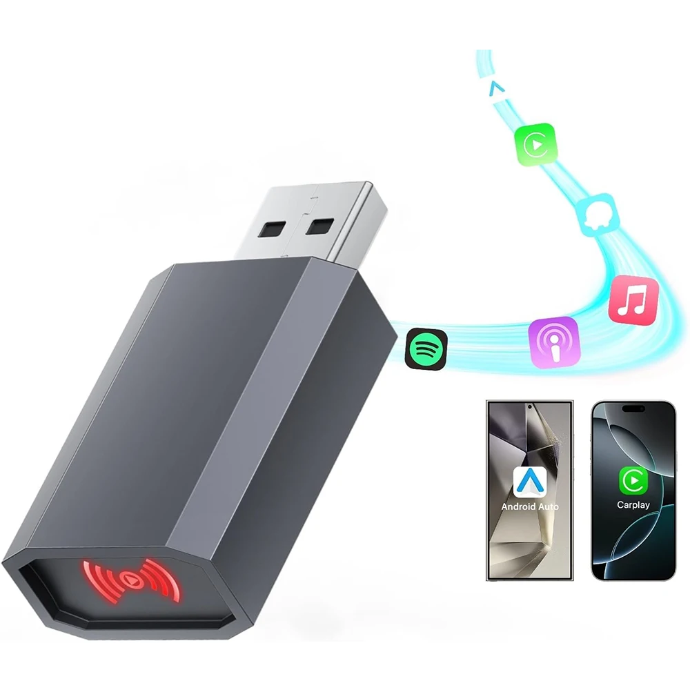 2 in 1 Mini Android Auto and Wireless USB CarPlay Adapter Convert Factory Dongle for iOS 12+/Android No Delay